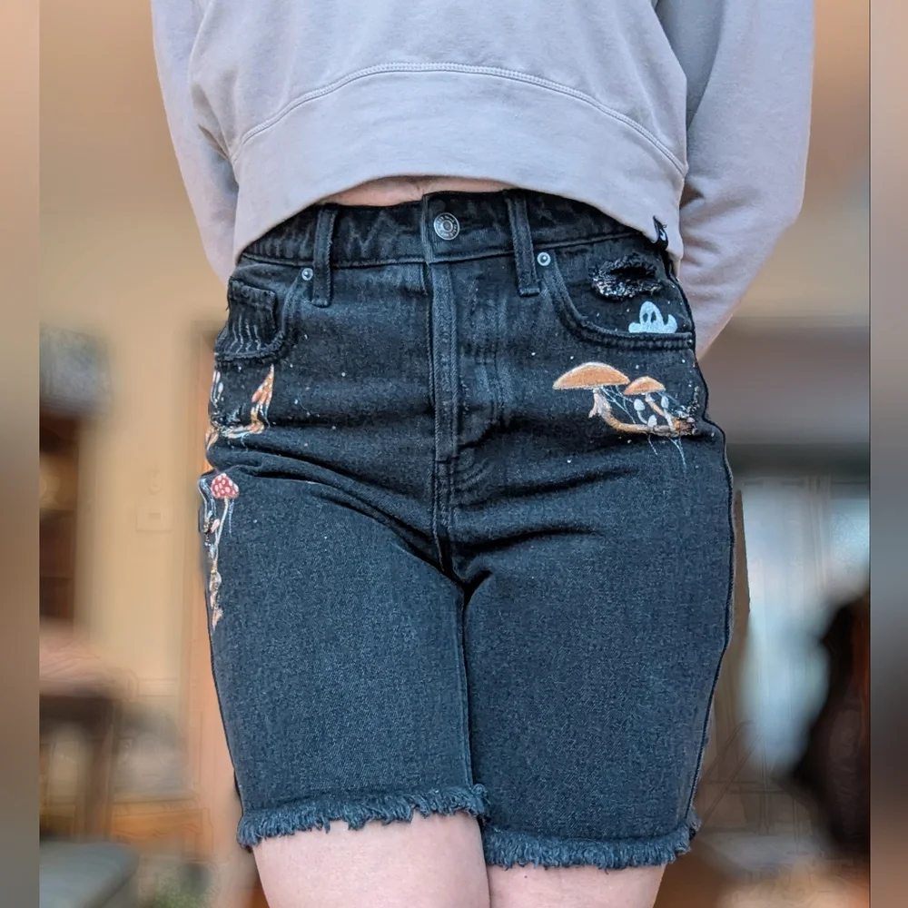 Handpainted Black Bermuda Jean Shorts with Mushroom Streetware - Picture 3 of 4